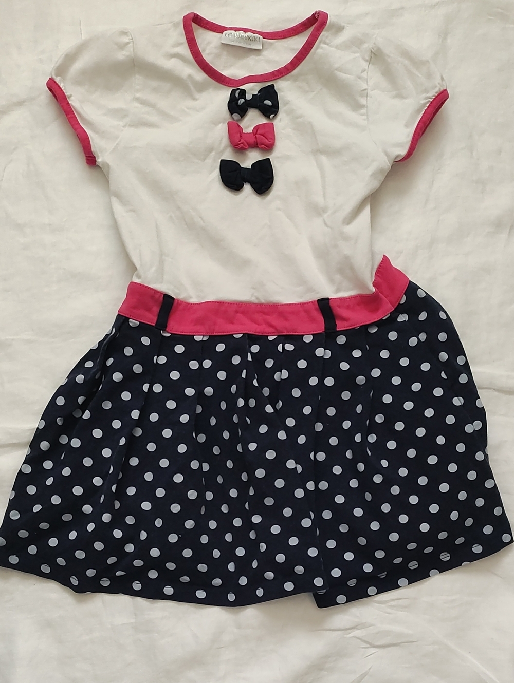 Girls Navy Polka Dot Skirt with White Top and Pink Trim